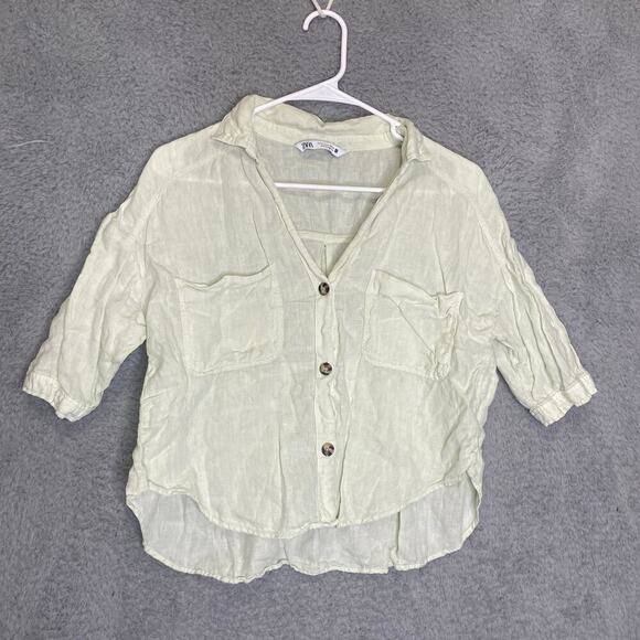 Zara womens S pale yellow short sleeve button up crop linen top collared casual - Picture 1 of 7